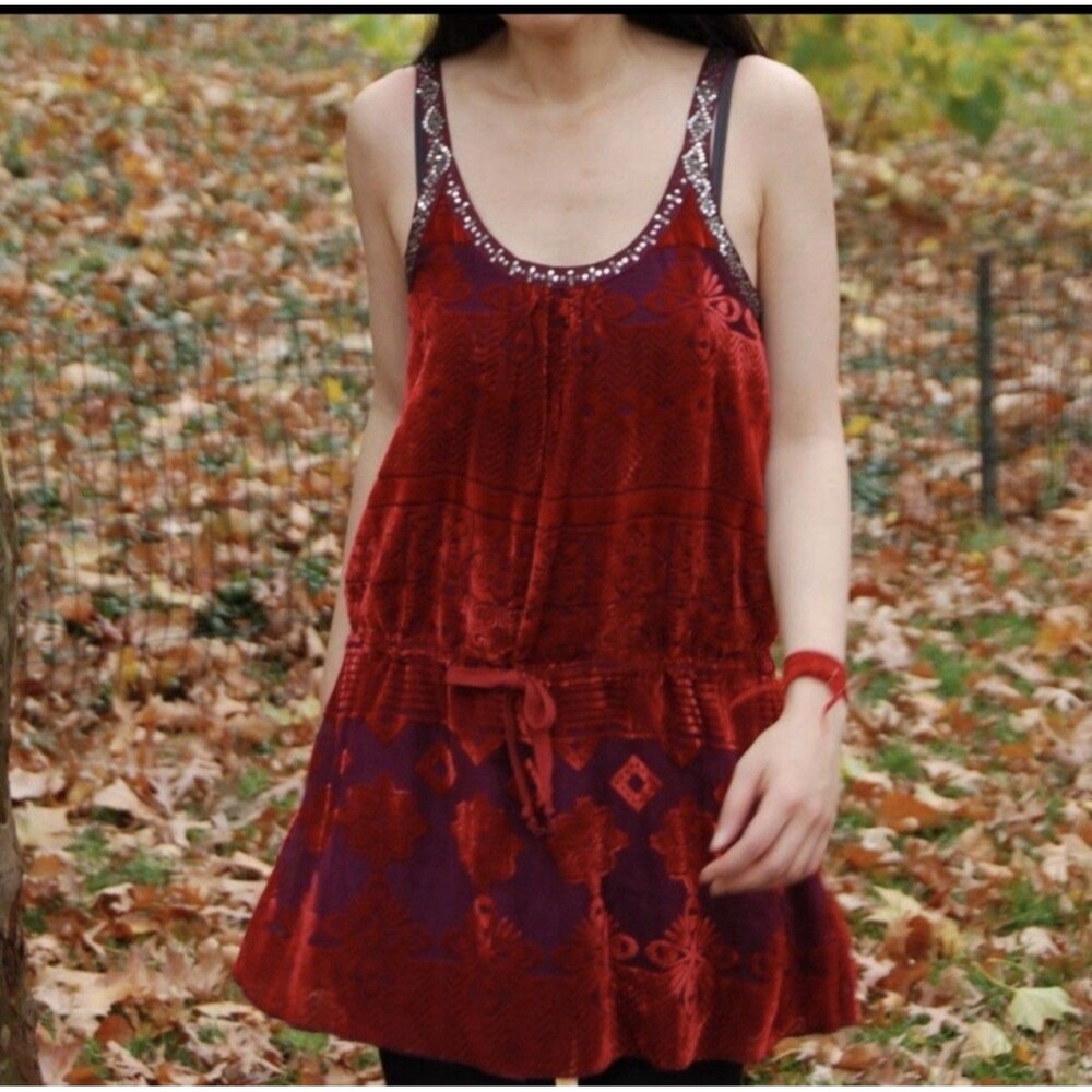 Free People Burnout Velvet & Silk Tunic Mini Dress 12 Sequin Straps Whimsical